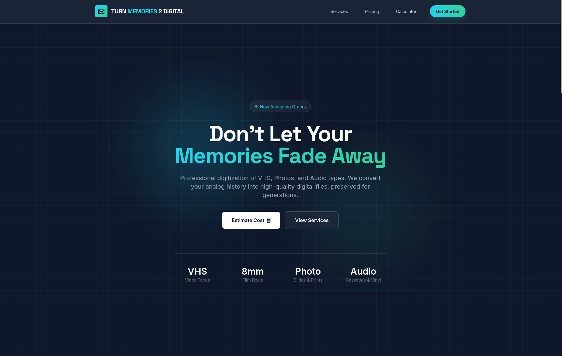 Turn Memories 2 Digital website — custom web design by Nine By Six